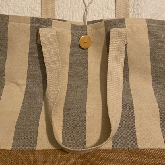 Gray & White Striped and Straw Base Beach Tote Bag Two Straps Button Closure - Picture 2 of 6